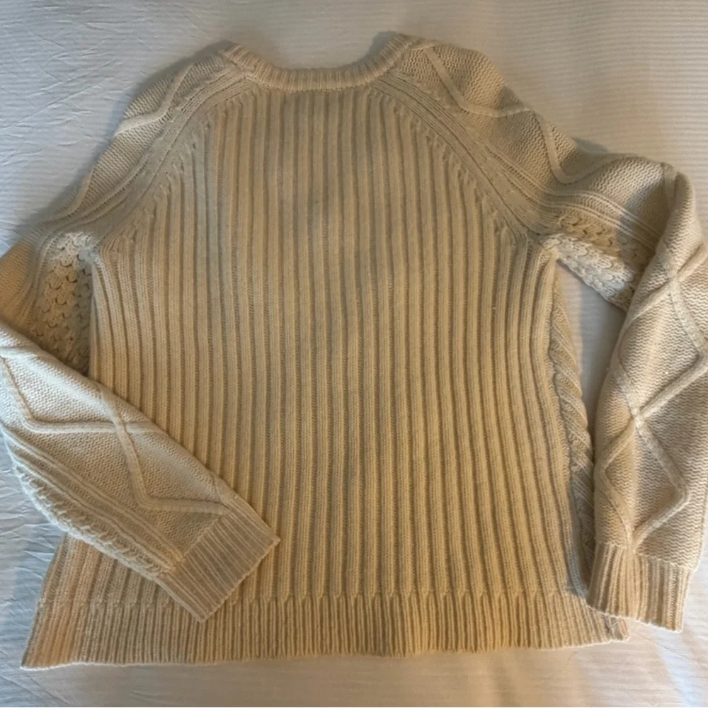 J. Crew Pom Pom Cable Knit Wool Sweater vintage-inspired chunky diamond beige SM